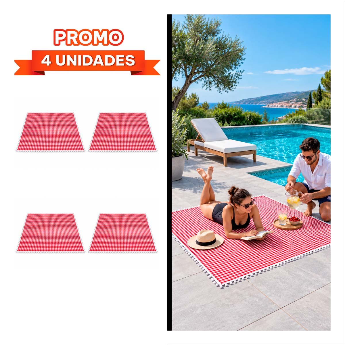 PACK4 LONA PICNIC PARA TIEMPOS LIBRES CON BORDE DE MINI POMPONES ROJO Y BLANCO YREGALO STICKER - 1