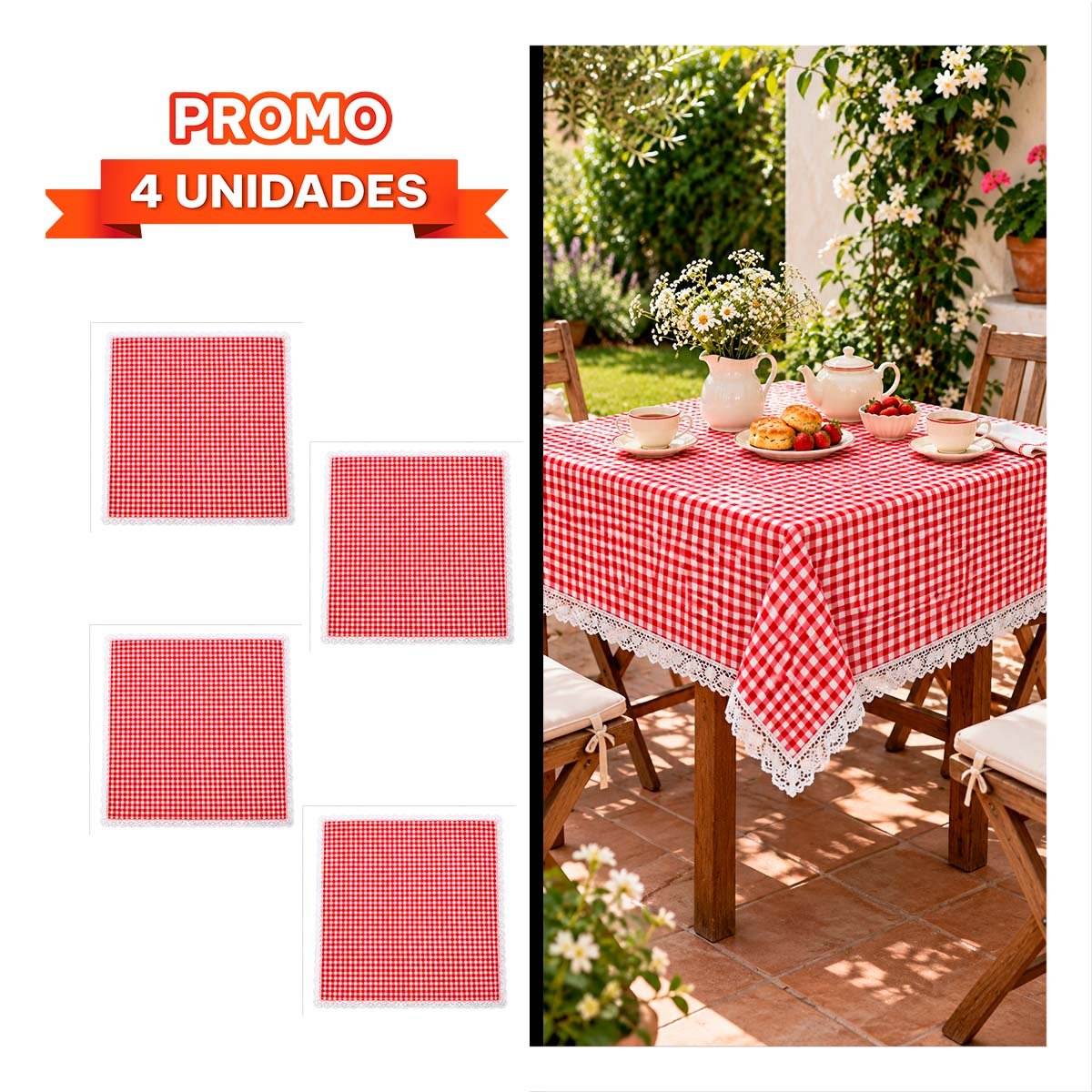 PACK4 LONA PICNIC CON BORDE DE ENCAJE PARA PASEOS AL AIRE LIBRE ROJO Y BLANCO YREGALO STICKER - 1