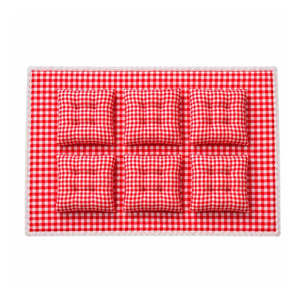 ALFOMBRA PICNIC Y 6 COJINES CON BORDE ENCAJE PASEOS FAMILIA ROJO Y BLANCO Y LIGAS REGALO - 1