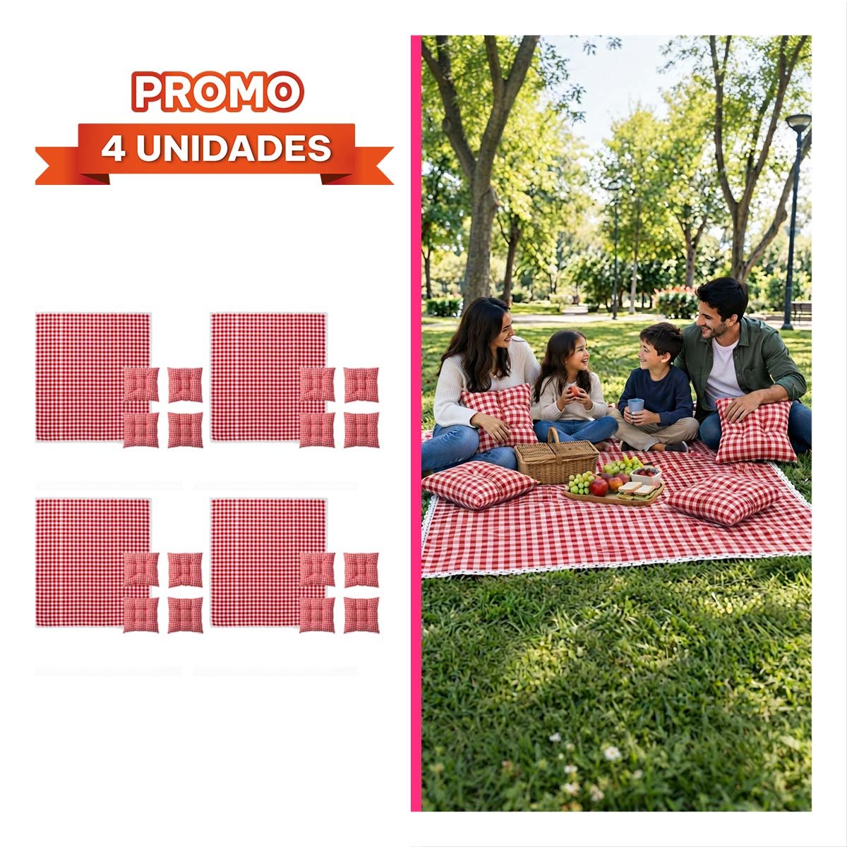 PACK4 COBIJA PICNIC Y 4 COJINES BORDE DE ENCAJE PARA AIRE LIBRE ROJO Y BLANCO YREGALO STICKER - 1