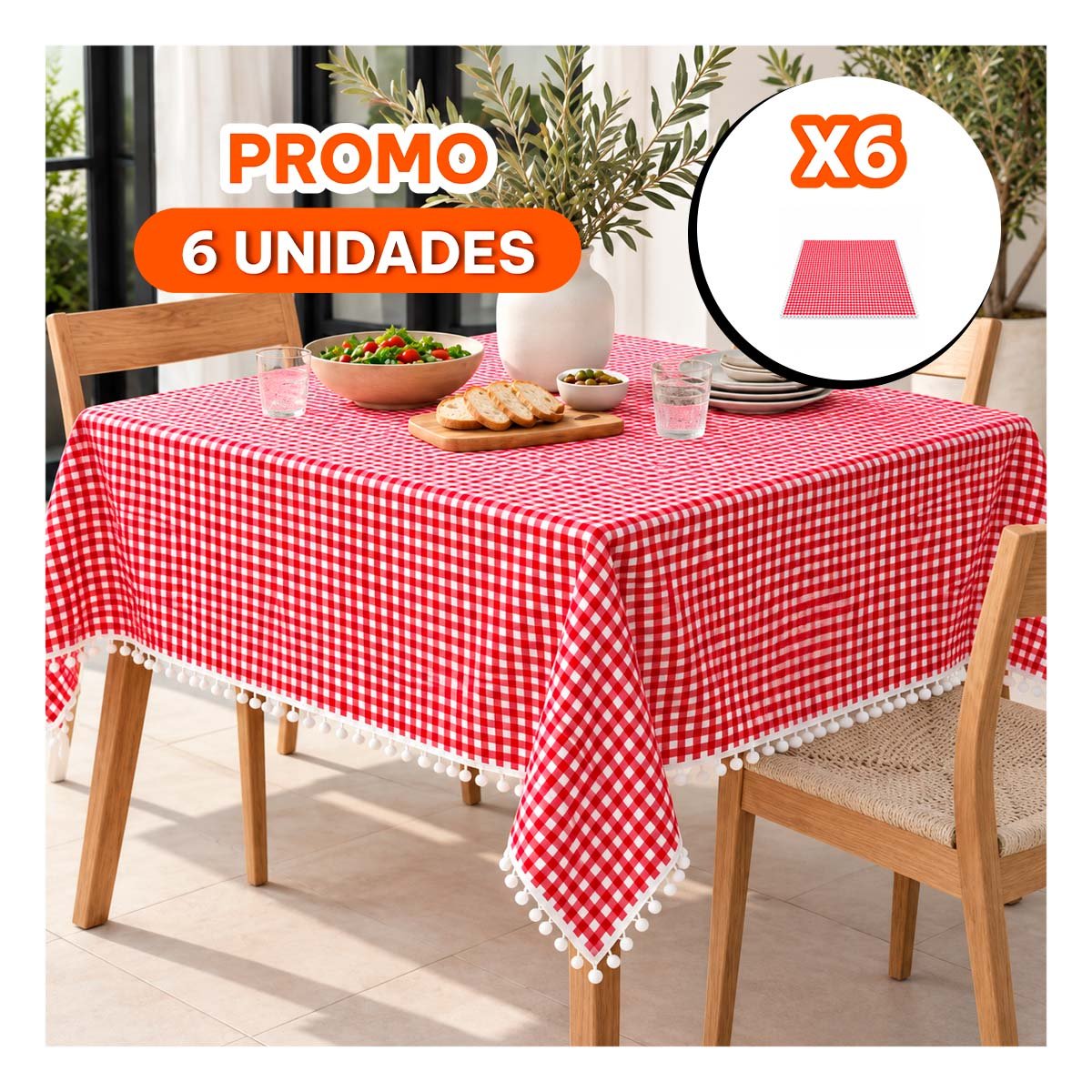 PACK6 COBIJA PICNIC PARA PASEOS CON BORDE DE MINI POMPONES ROJO Y BLANCO YREGALO STICKER - 1