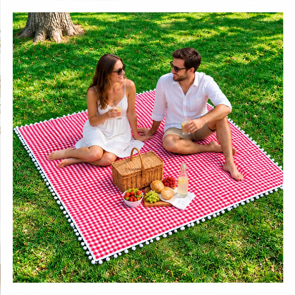 PACK6 COBIJA PICNIC PARA PASEOS CON BORDE DE MINI POMPONES ROJO Y BLANCO YREGALO STICKER - 3