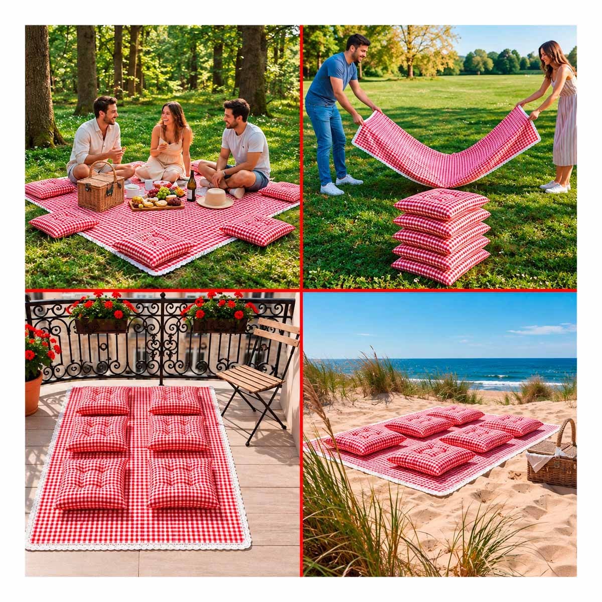 PACK2 MANTA PICNIC Y 6 COJINES CON BORDE DE ENCAJE PARA PASEOS ROJO Y BLANCO - 4
