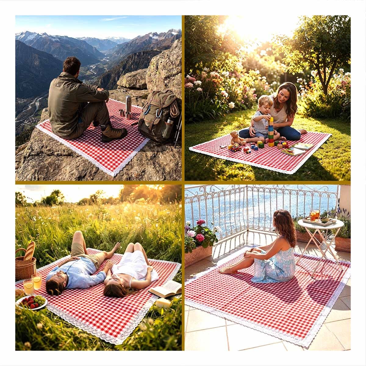 ALFOMBRA PICNIC CON BORDE DE ENCAJE PARA DISFRUTAR EN FAMILIA ROJO Y BLANCO Y LIGAS REGALO - 3