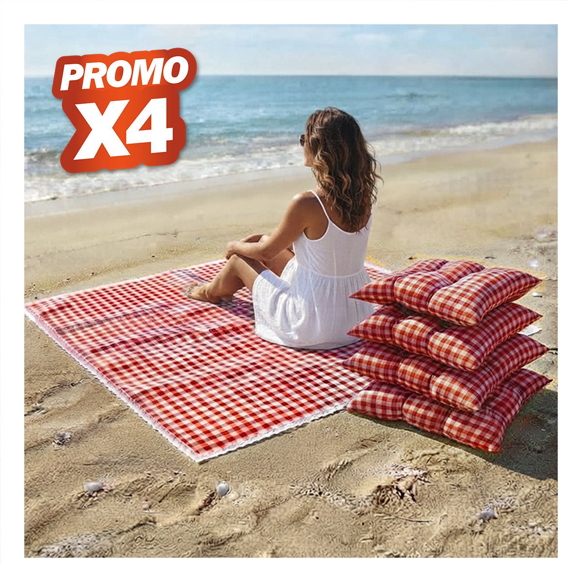 PACK4 MANTA PICNIC Y 4 COJINES CON BORDE DE ENCAJE PARA JARDIN ROJO Y BLANCO YPAPEL REGALO - 1