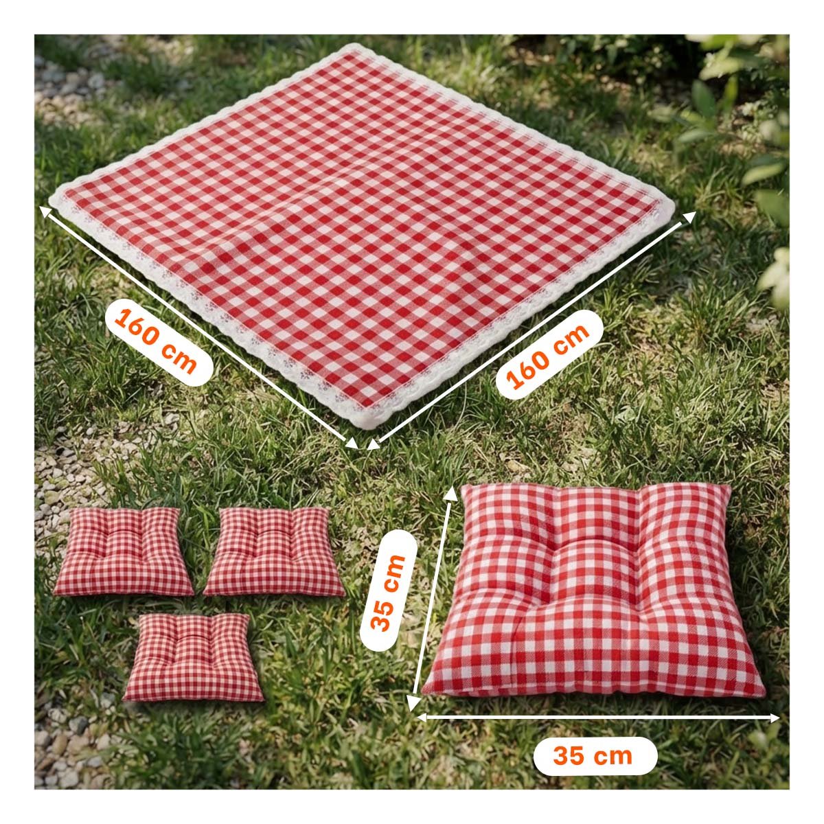 PACK4 MANTA PICNIC Y 4 COJINES CON BORDE DE ENCAJE PARA JARDIN ROJO Y BLANCO YPAPEL REGALO - 4