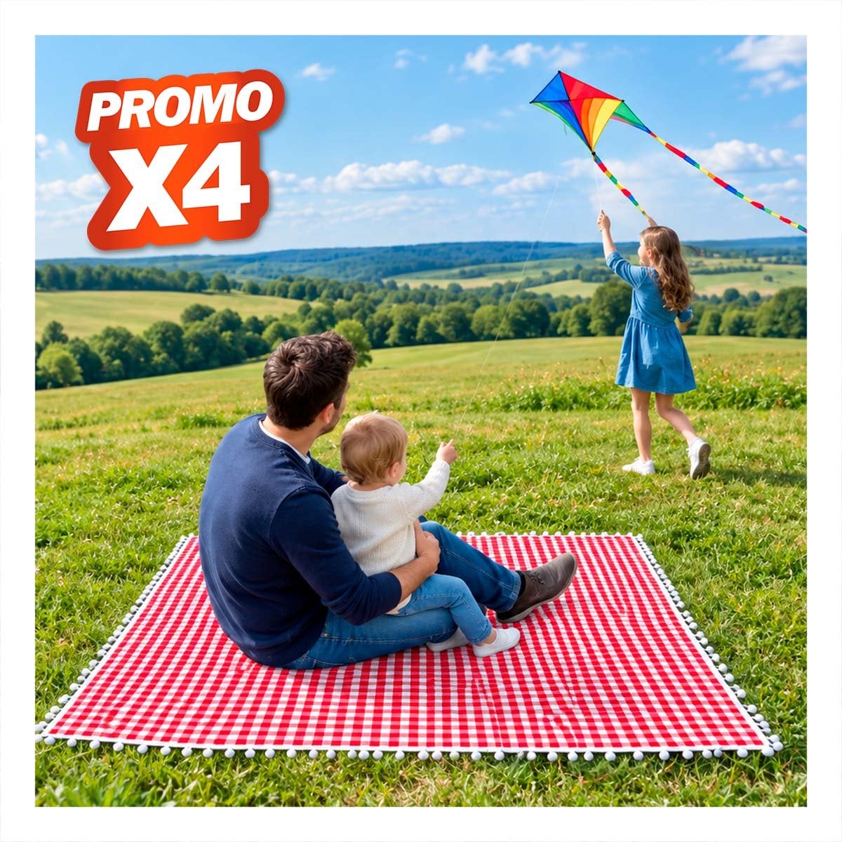PACK4 MANTA PICNIC CON BORDE DE MINI POMPONES PARA PARQUE Y JARDIN ROJO Y BLANCO YPAPEL REGALO - 1