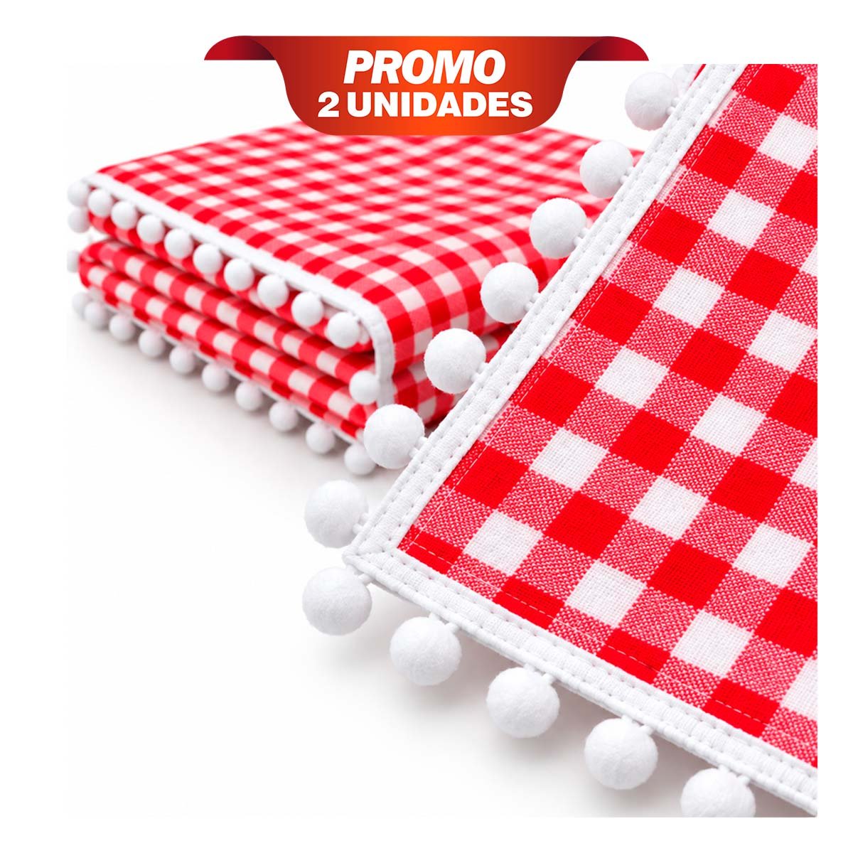 PACK2 CUBIERTA PICNIC CON BORDE DE MINI POMPONES PARA PARQUE JARDIN ROJO Y BLANCO YPAPEL REGALO - 1