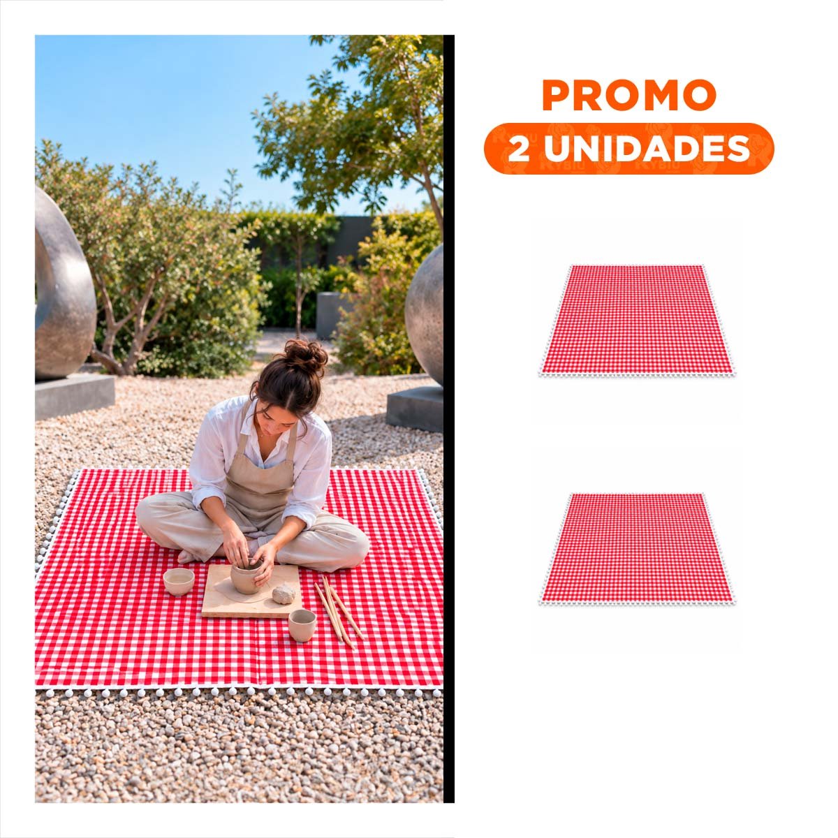 PACK2 MANTA PICNIC CON BORDE DE MINI POMPONES PARA AIRE LIBRE ROJO Y BLANCO YREGALO STICKER - 1
