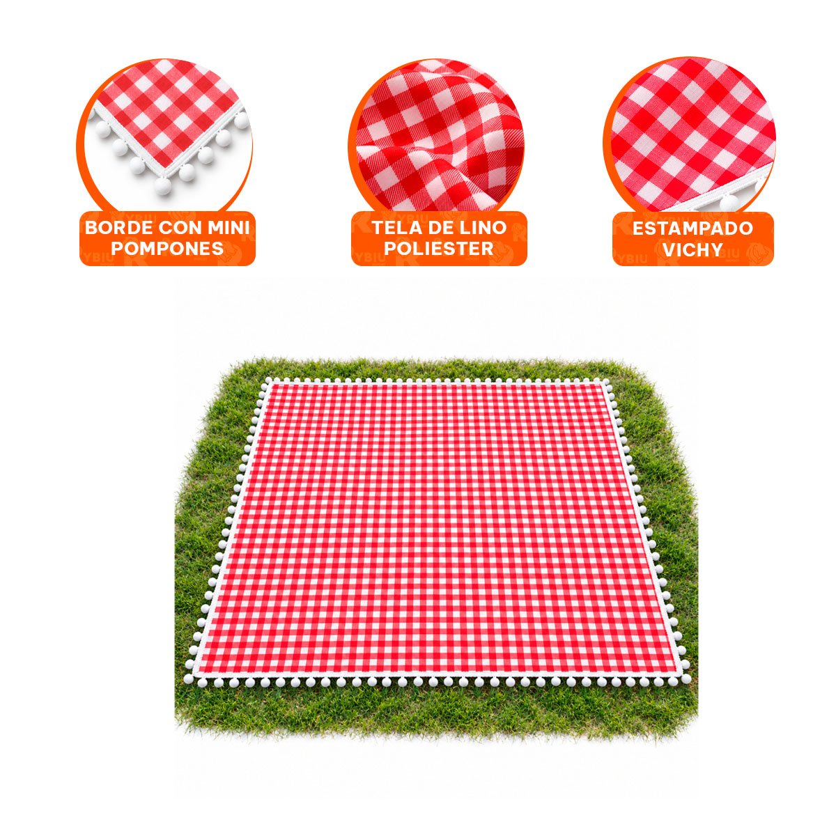 PACK2 MANTA PICNIC CON BORDE DE MINI POMPONES PARA AIRE LIBRE ROJO Y BLANCO YREGALO STICKER - 4