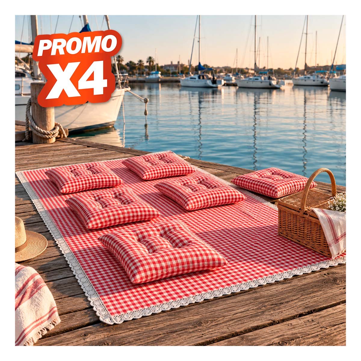 PACK4 CUBIERTA PICNIC Y 6 COJINES CON BORDE PARA SALIR JARDIN ROJO Y BLANCO YPAPEL REGALO - 1