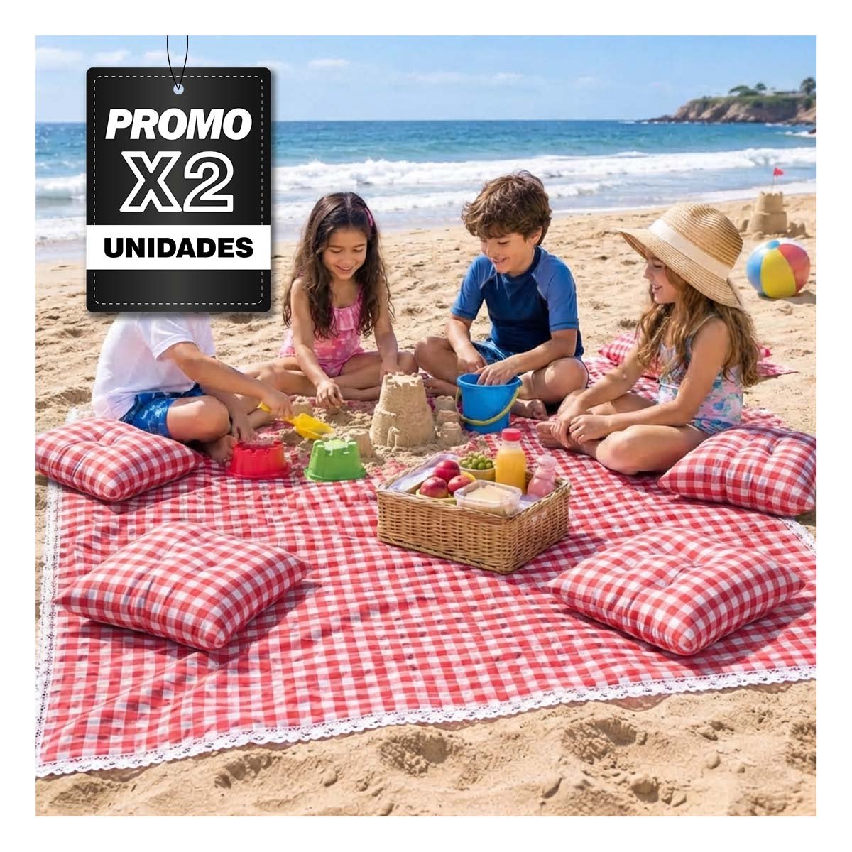PACK2 MANTA PICNIC Y 4 COJINES CON BORDE DE ENCAJE PARA PASEOS ROJO Y BLANCO - 1