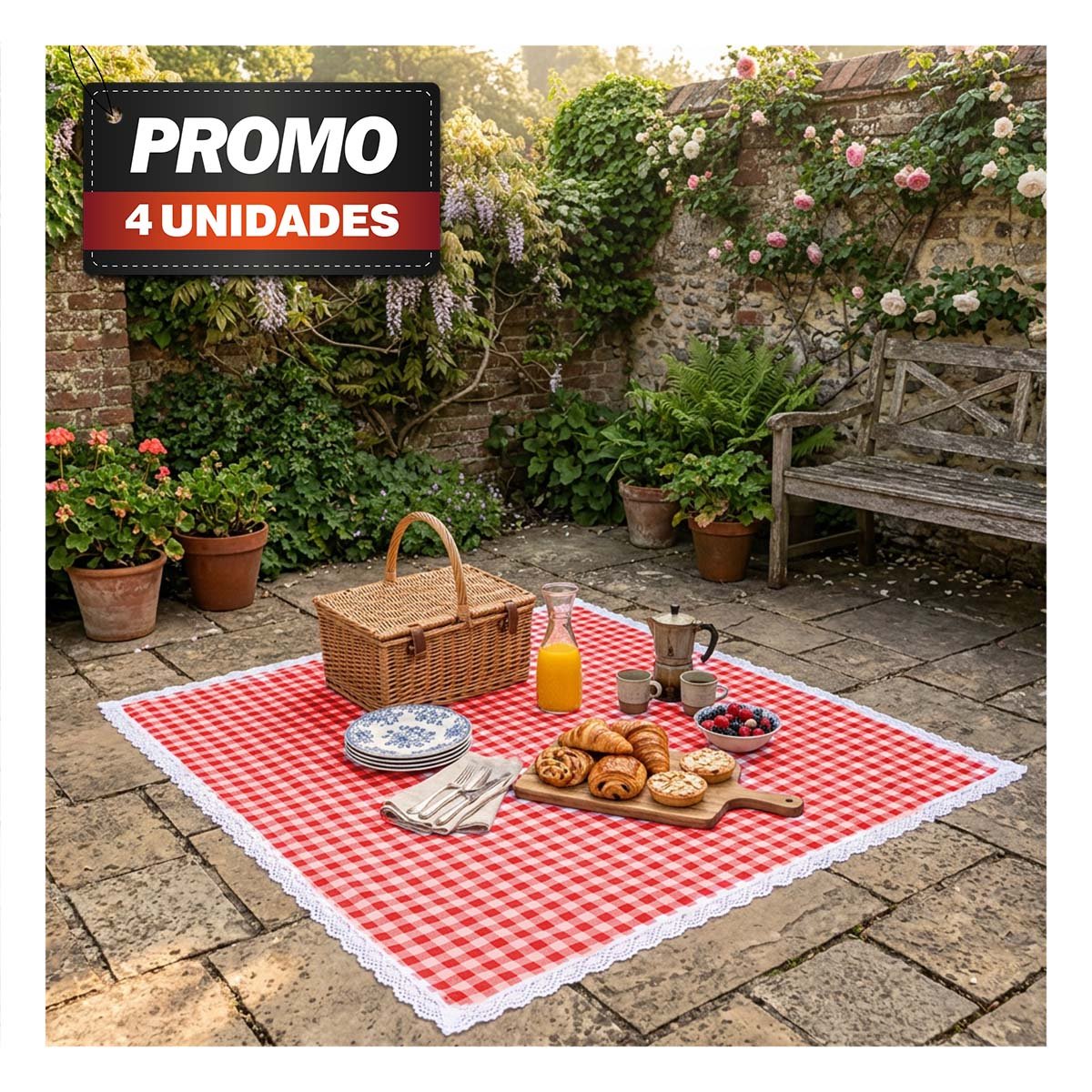 PACK4 ALFOMBRA PICNIC DE CAMPO CON BORDE DE ENCAJE PASEOS FAMILIA ROJO Y BLANCO - 1