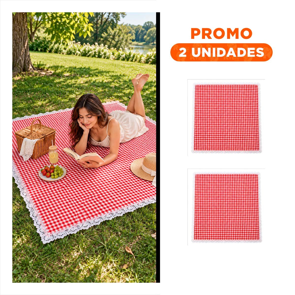 PACK2 MANTA PICNIC CON BORDE DE ENCAJE PARA SALIDAS DE CAMPO ROJO Y BLANCO YREGALO STICKER - 1