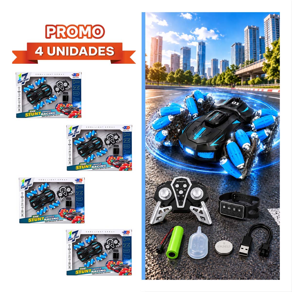 PACK4 CAMIONETA ACROBATICO A CONTROL REMOTO Y SENSOR DE MOVIMIENTO LUCES AZUL YREGALO STICKER - 1