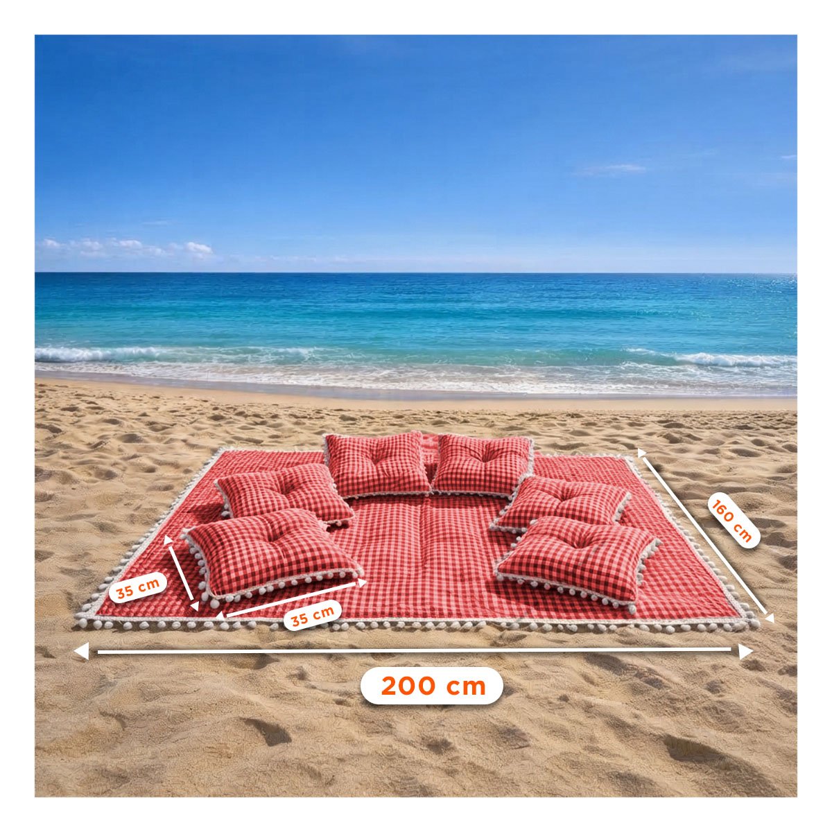 MANTA PICNIC Y 6 COJINES CON BORDE DE MINI POMPONES SALIDAS ROJO Y BLANCO Y REGALO STICKER - 2