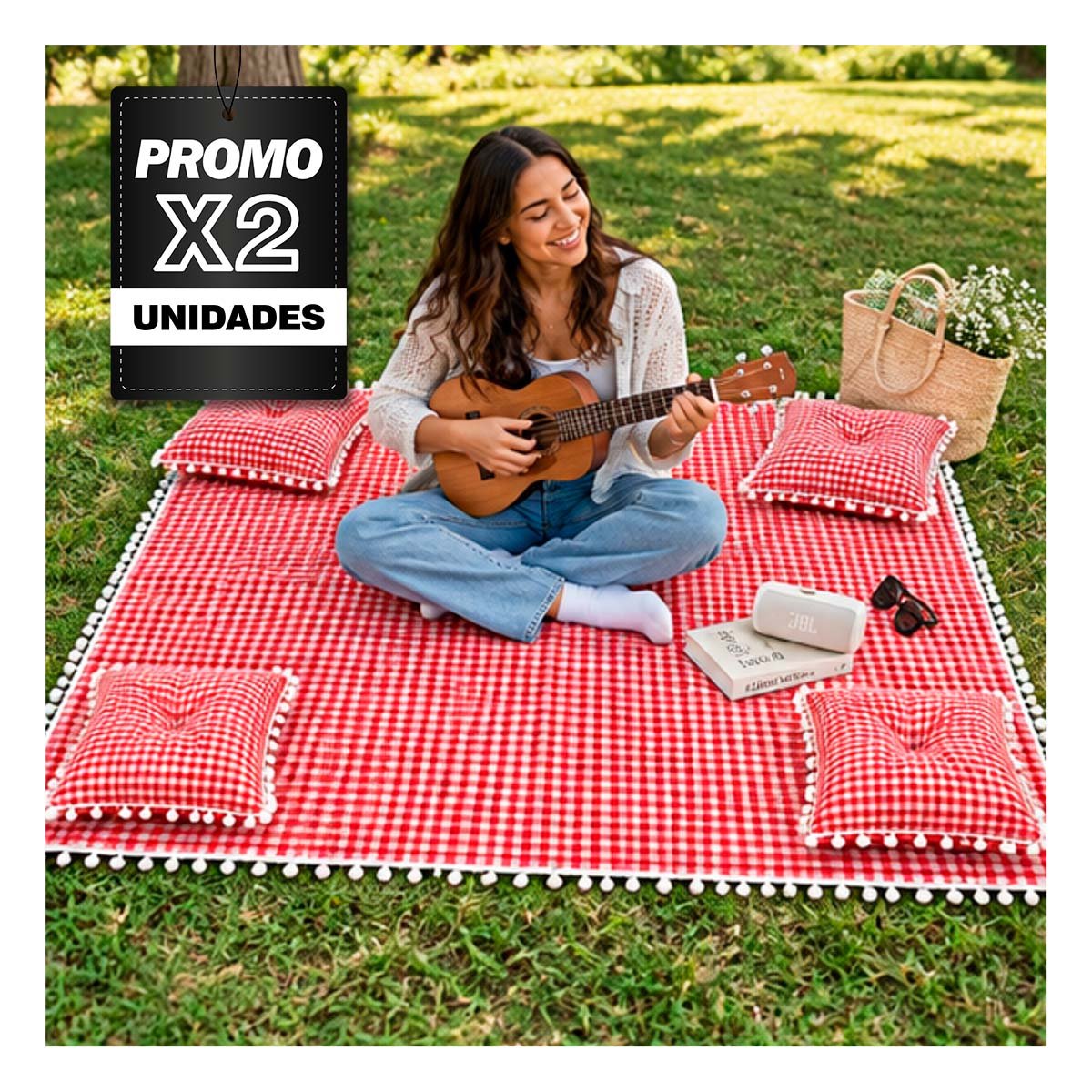 PACK2 COBIJA PICNIC Y 4 COJINES CON BORDE MINI POMPONES PASEOS CASA ROJO Y BLANCO - 1