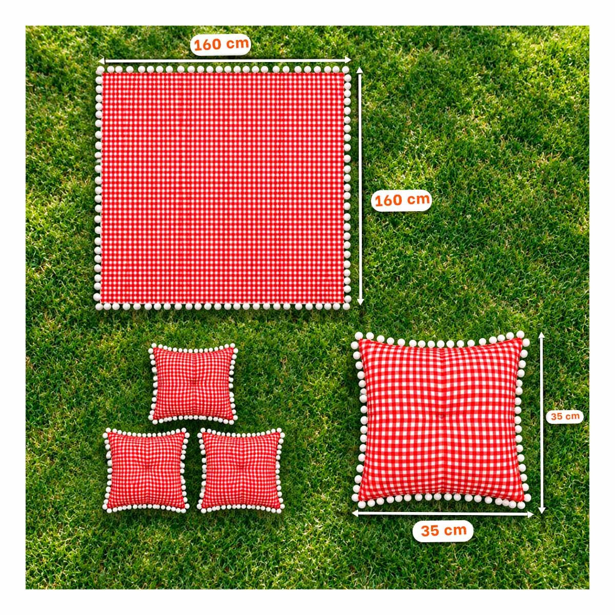 PACK2 COBIJA PICNIC Y 4 COJINES CON BORDE MINI POMPONES PASEOS CASA ROJO Y BLANCO - 2