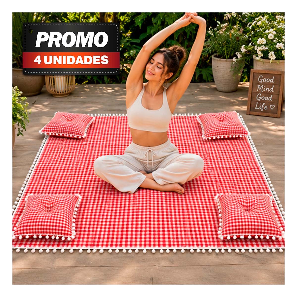 PACK4 LONA PICNIC Y 4 COJINES CON BORDE MINI POMPONES PASEOS CASA ROJO Y BLANCO - 1