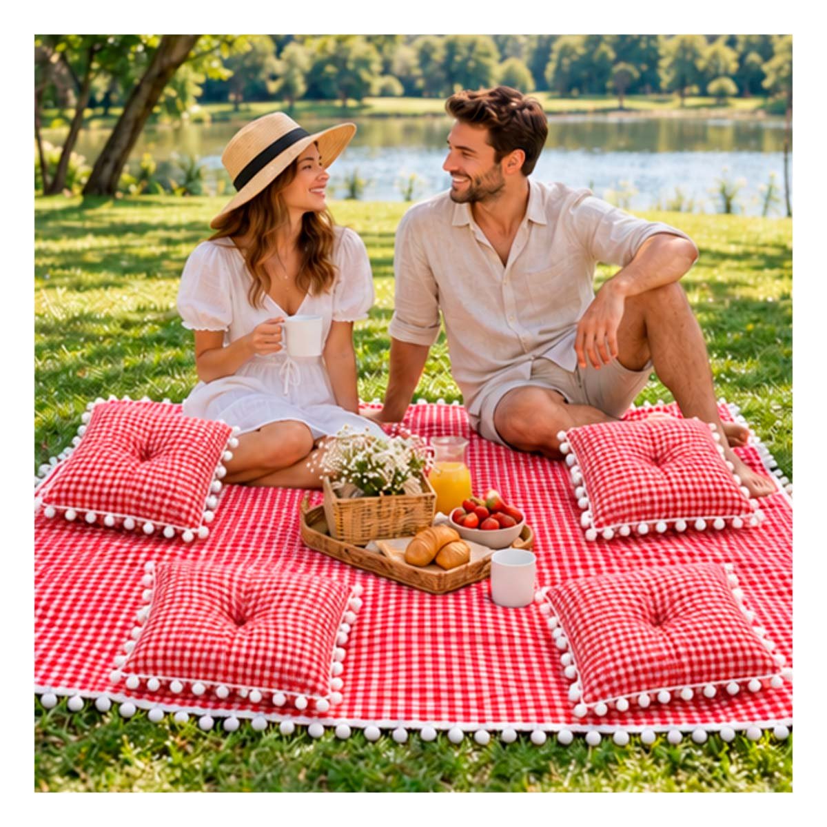 PACK4 LONA PICNIC Y 4 COJINES CON BORDE MINI POMPONES PASEOS CASA ROJO Y BLANCO - 3