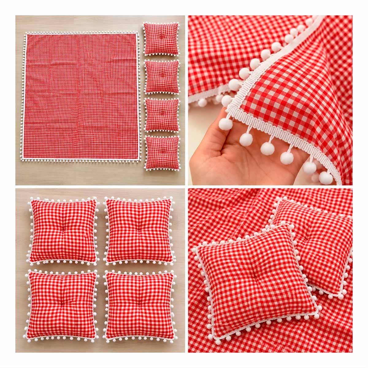 PACK4 LONA PICNIC Y 4 COJINES CON BORDE MINI POMPONES PASEOS CASA ROJO Y BLANCO - 4