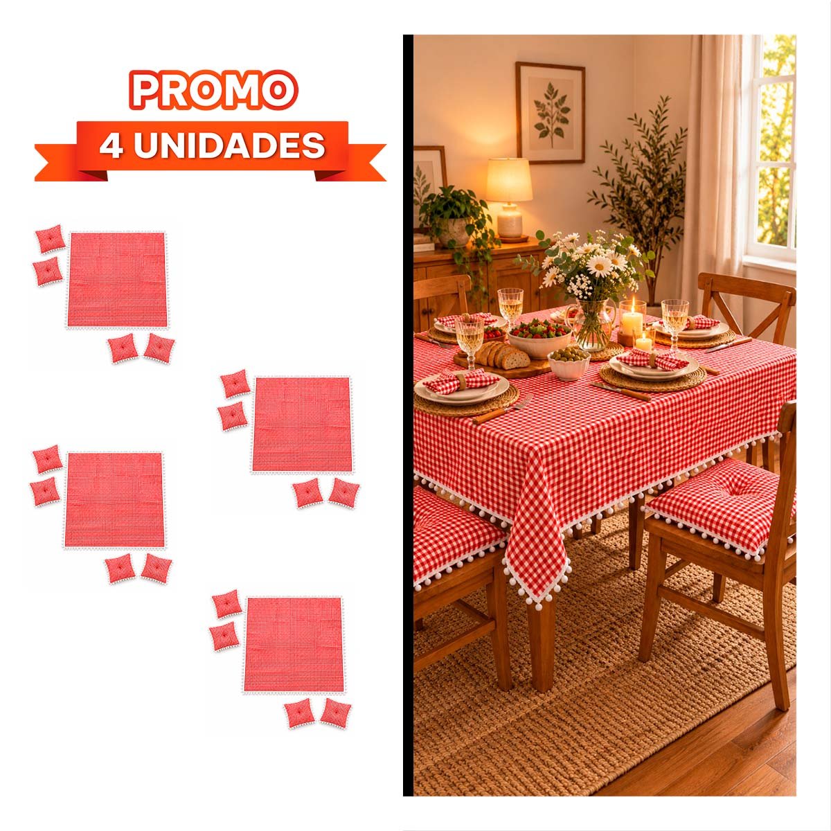 PACK4 COBIJA PICNIC Y 4 COJINES PARA PASEOS CON BORDE DE MINI POMPONES ROJO YREGALO STICKER - 1