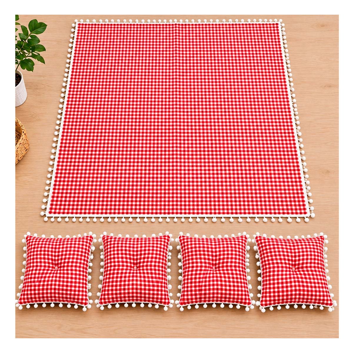 PACK4 COBIJA PICNIC Y 4 COJINES PARA PASEOS CON BORDE DE MINI POMPONES ROJO YREGALO STICKER - 3