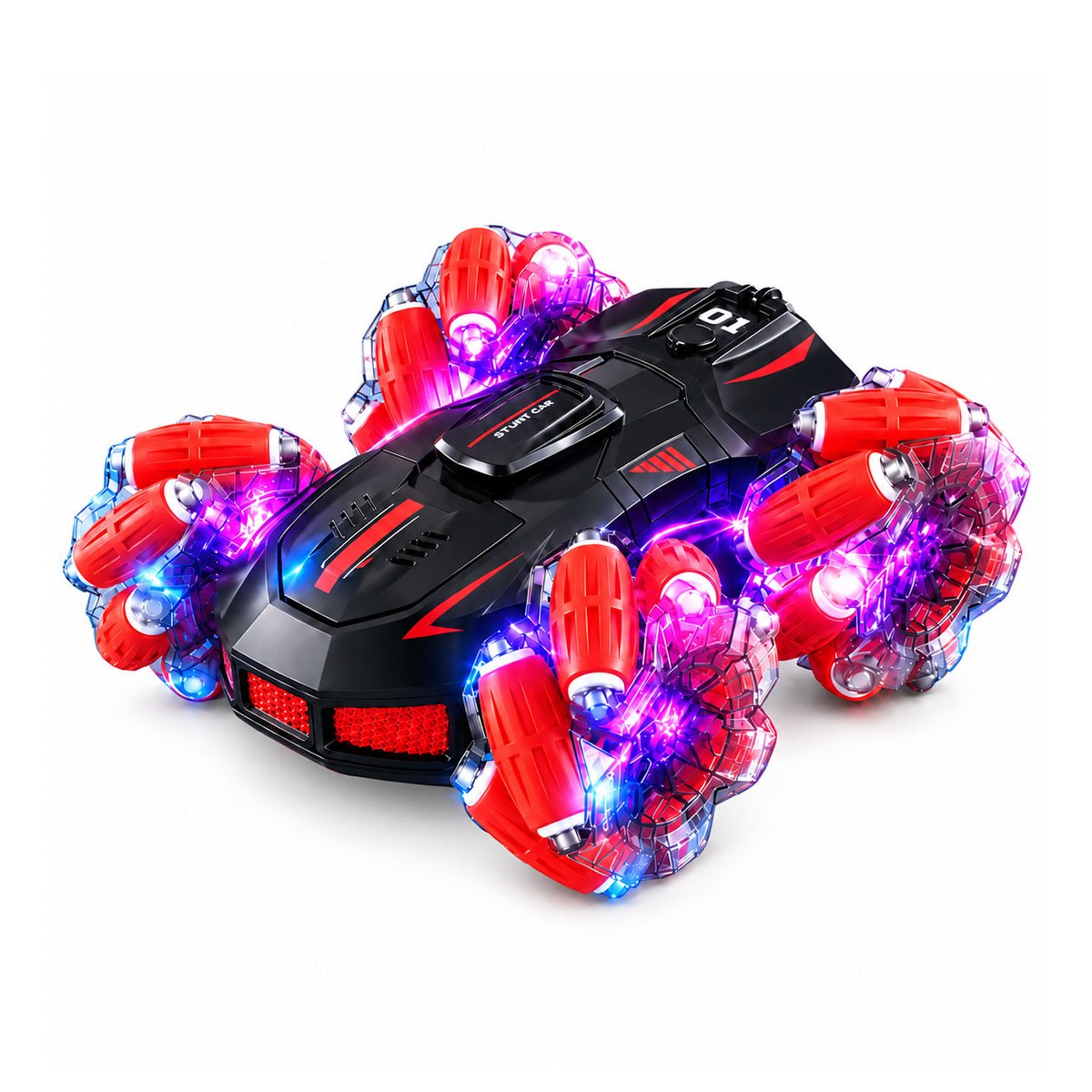 COCHE DE JUGUETE ACROBATICO A CONTROL REMOTO Y RELOJ CON SENSOR ROJO Y LIGAS REGALO - 1