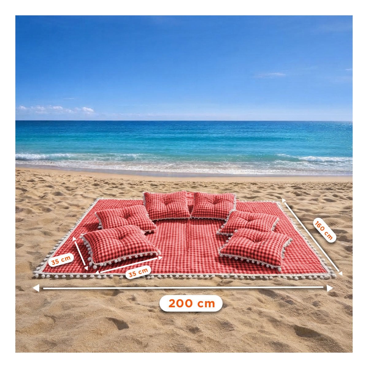 COBIJA PICNIC Y 6 COJINES CON BORDE DE MINI POMPONES JARDIN ROJO Y BLANCO - 2
