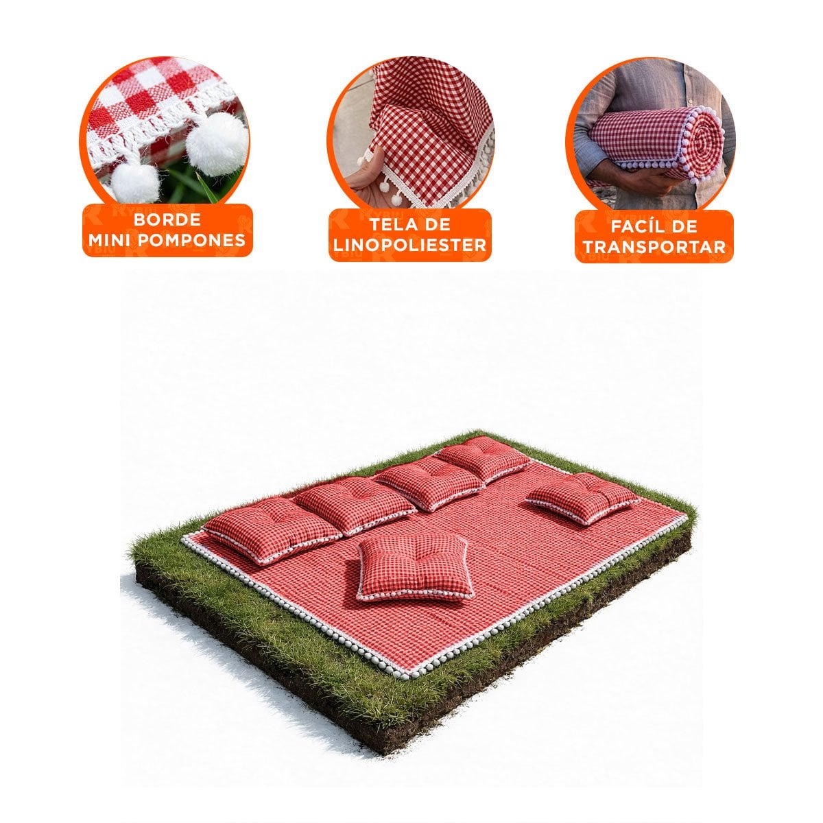 COBIJA PICNIC Y 6 COJINES CON BORDE DE MINI POMPONES JARDIN ROJO Y BLANCO - 4