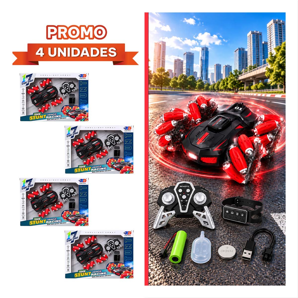 PACK4 CAMIONETA ACROBATICO A CONTROL REMOTO Y RELOJ CON SENSOR DE MOVIMIENTO YREGALO STICKER - 1