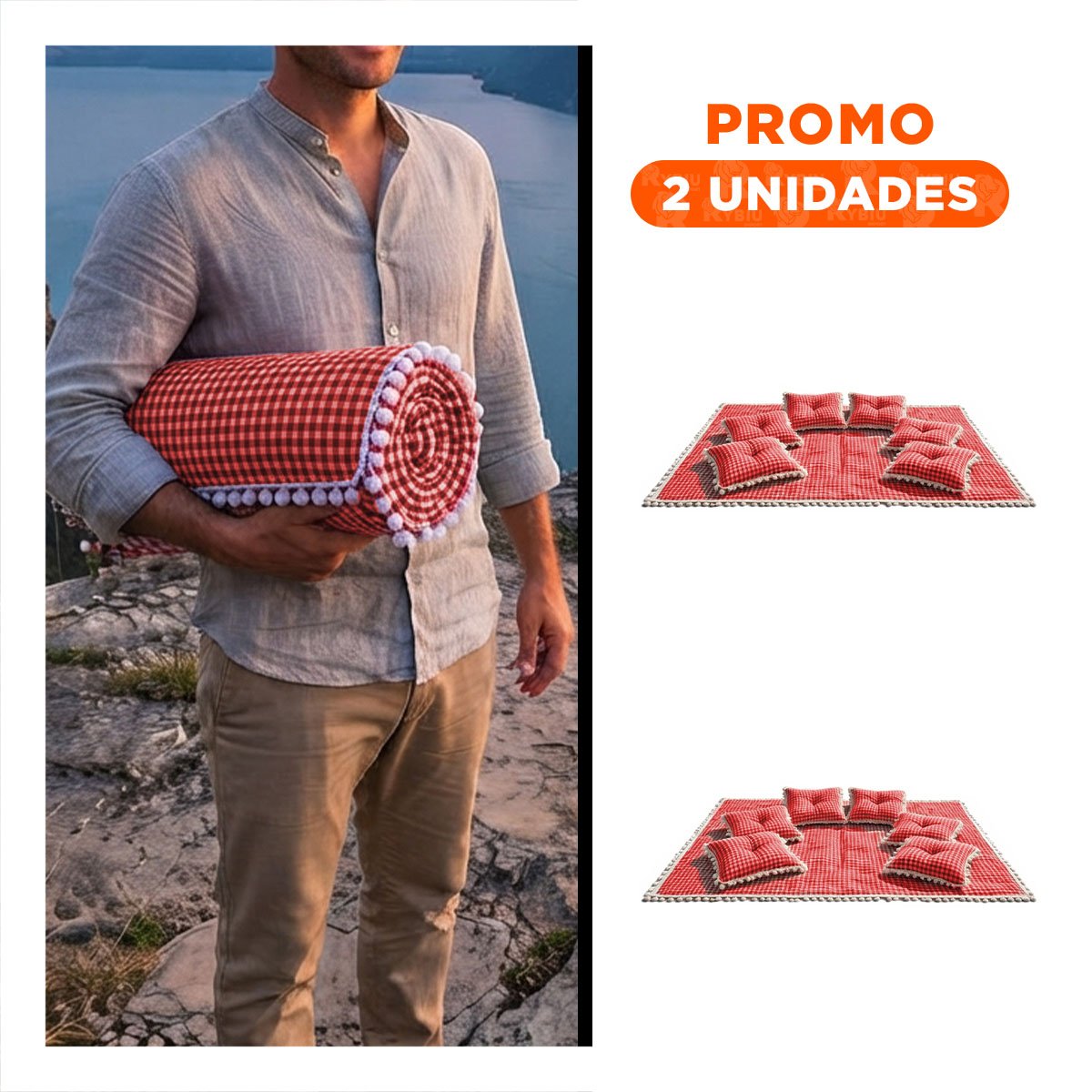 PACK2 LONA PICNIC Y 6 COJINES CON BORDE DE MINI POMPONES SALIDAS ROJO Y BLANCO YREGALO STICKER - 1