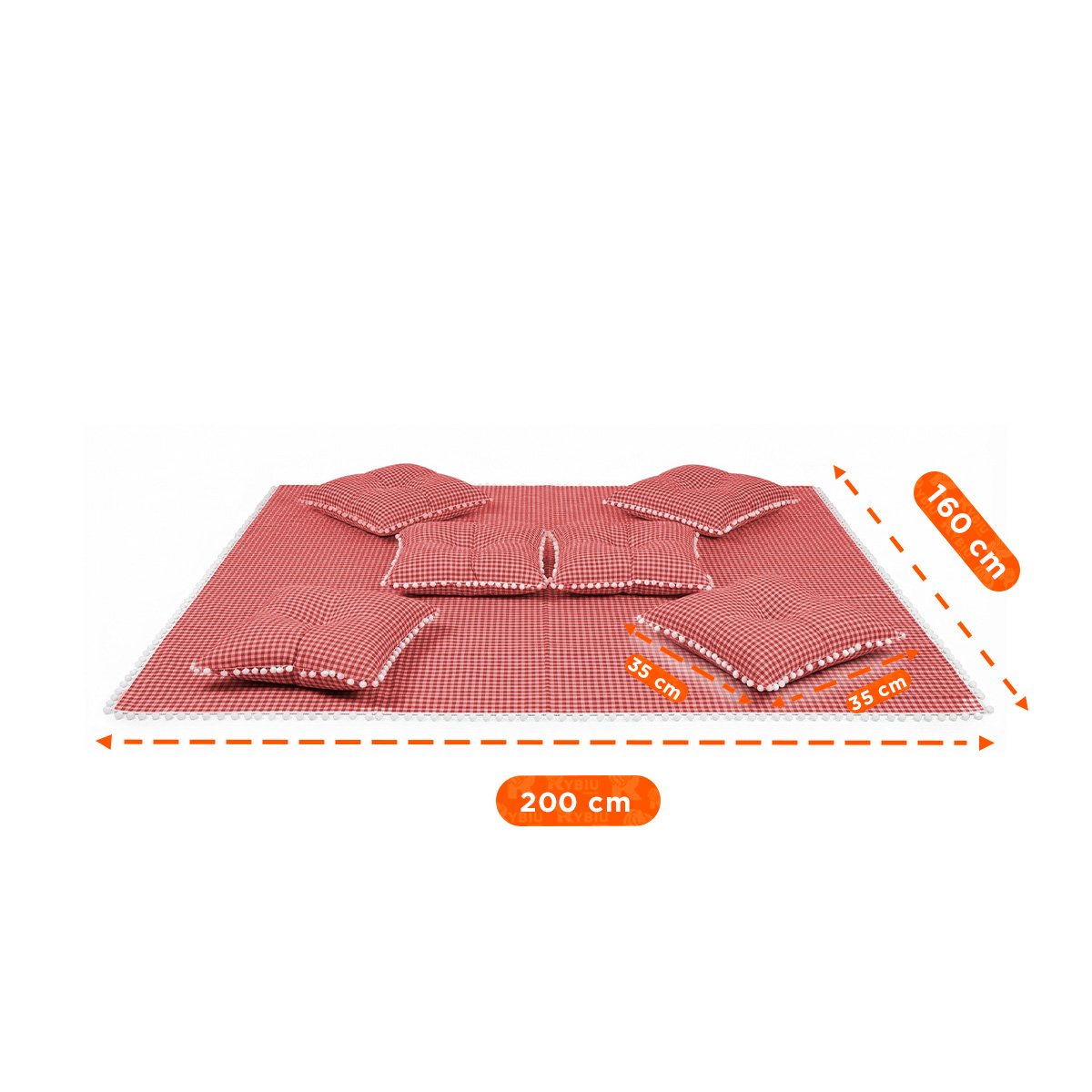 PACK2 LONA PICNIC Y 6 COJINES CON BORDE DE MINI POMPONES SALIDAS ROJO Y BLANCO YREGALO STICKER - 2