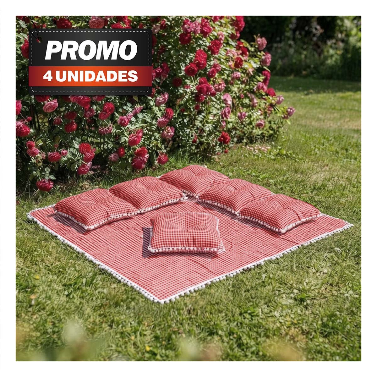 PACK4 ALFOMBRA PICNIC Y 6 COJINES CON BORDE DE MINI POMPONES AIRE LIBRE ROJO Y BLANCO - 1