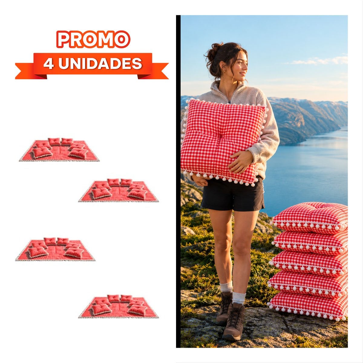 PACK4 COBIJA PICNIC Y 6 COJINES PARA SALIDAS CON BORDE DE MINI POMPONES YREGALO STICKER - 1