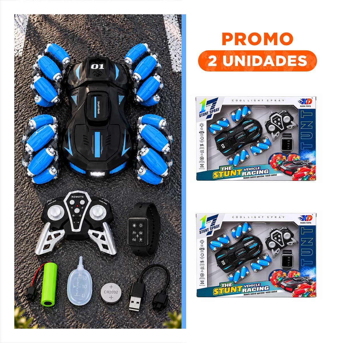 PACK2 DEPORTIVO ACROBATICO CON CONTROL REMOTO AZUL Y RELOJ PARA PEQUENOS YREGALO STICKER - 1