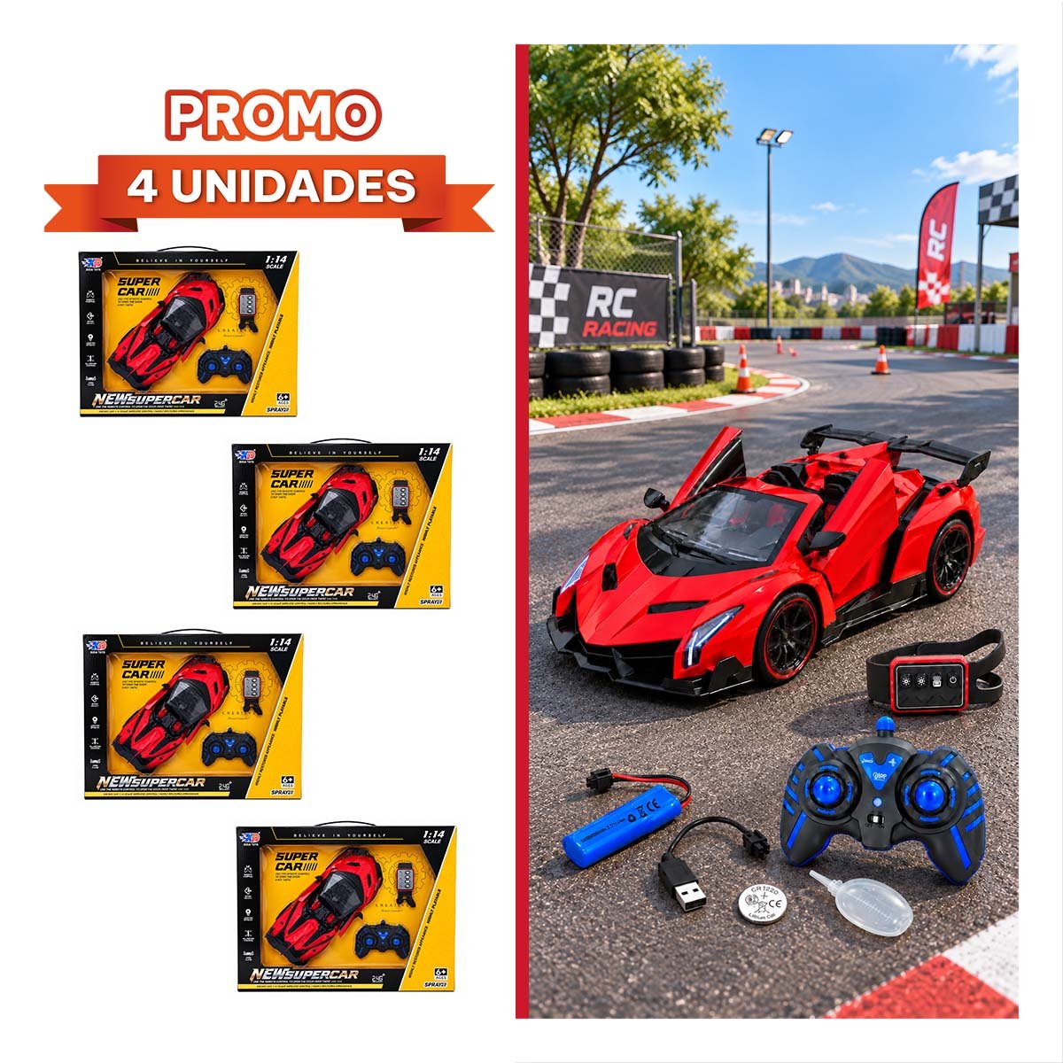 PACK4 AUTO A CONTROL REMOTO RELOJ DE PULSERA PARA NINOS DE JUGUETE DIVERTIDO YREGALO STICKER - 1