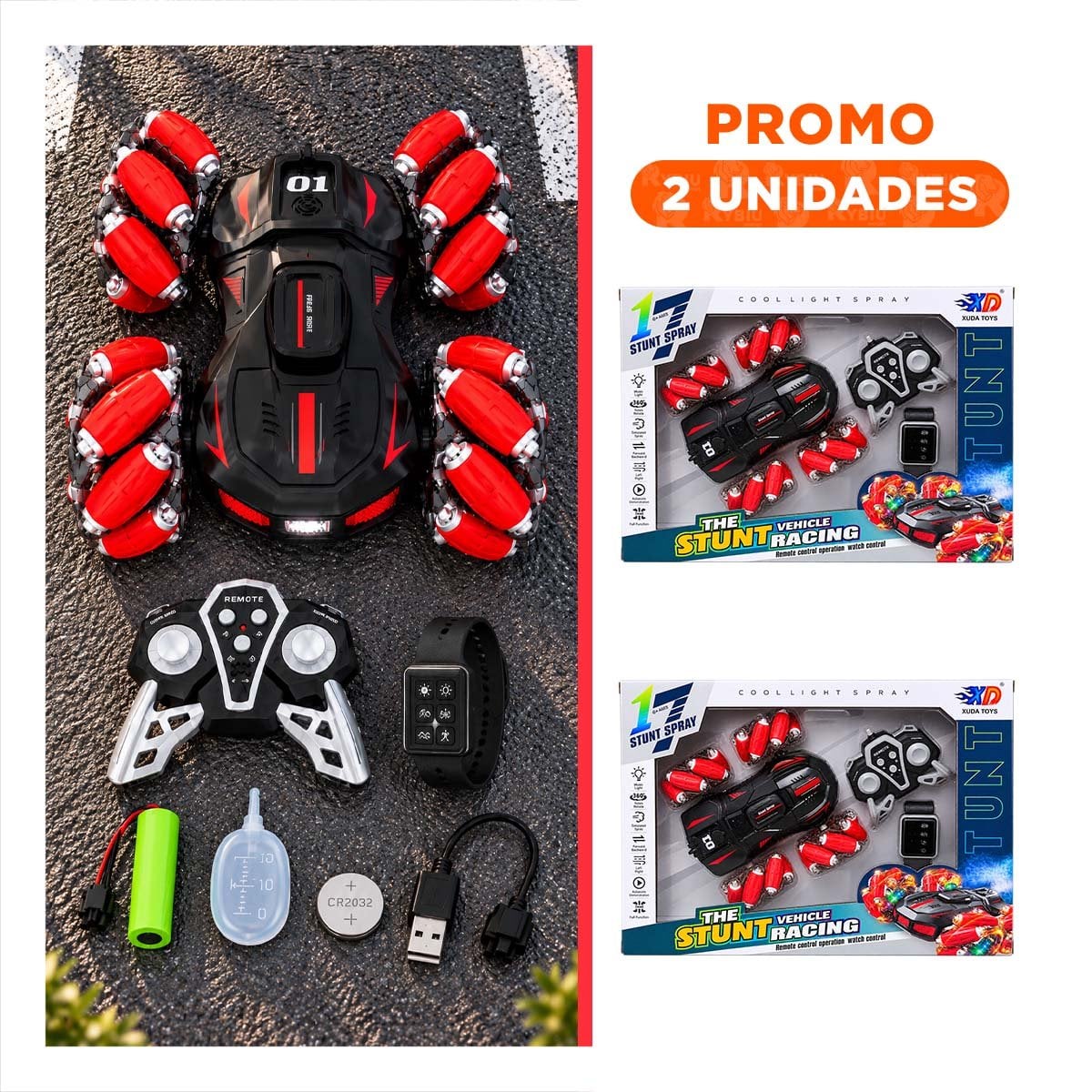 PACK2 DEPORTIVO ACROBATICO A CONTROL REMOTO Y RELOJ CONTROL PARA NINOS EN ROJO YREGALO STICKER - 1