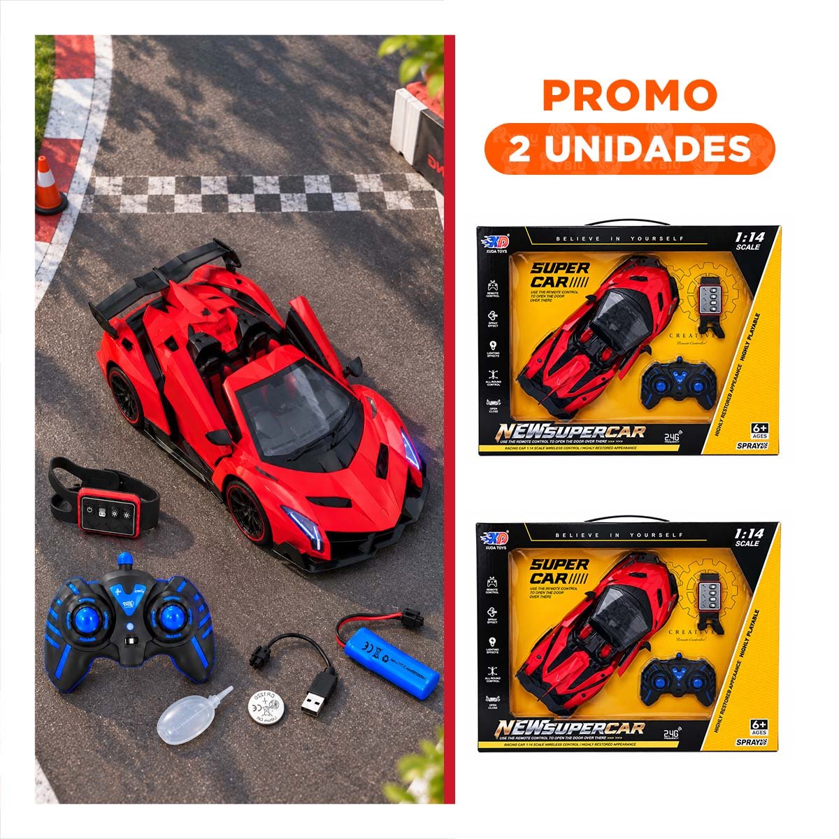 PACK2 COCHE A CONTROL REMOTO CON RELOJ PARA NINOS DE JUGUETE EN CASA EN ROJO YREGALO STICKER - 1