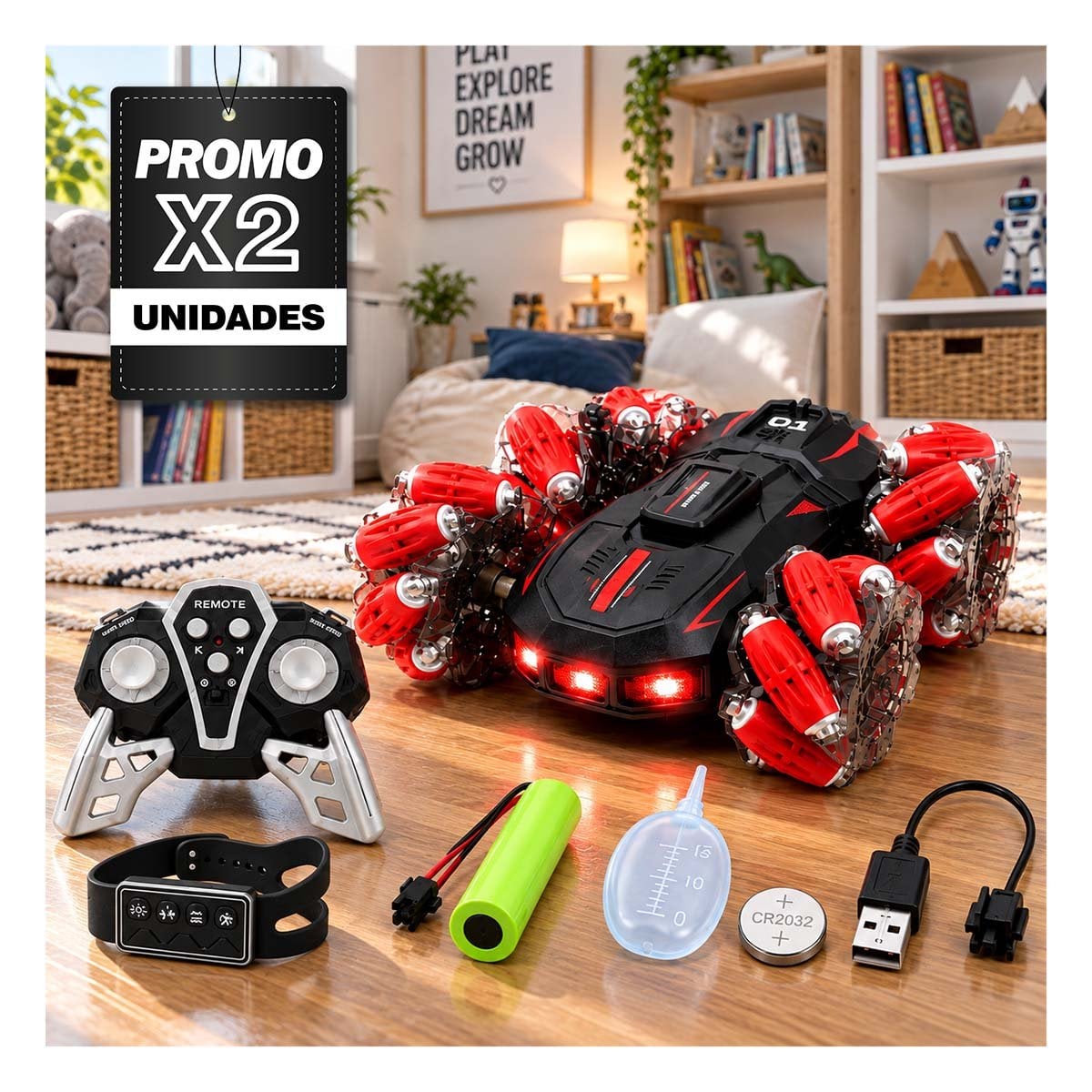 PACK2 BOLIDO ACROBATICO A CONTROL REMOTO Y RELOJ CONTROL PARA NINOS COLOR ROJO - 1