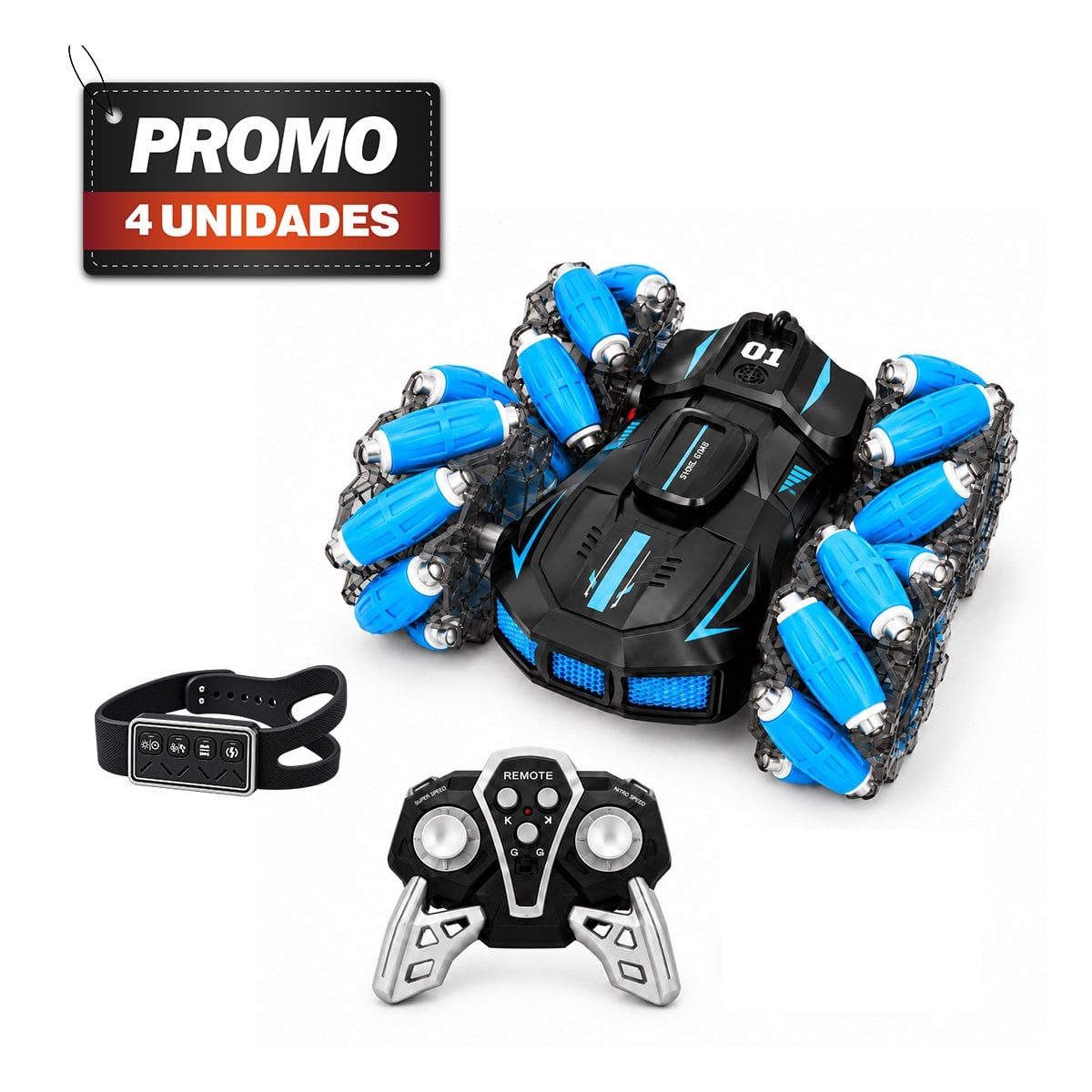 PACK4 MOVIL ACROBATICO CON CONTROL REMOTO Y RELOJ SENSOR MOVIMIENTO RECARGABLE AZUL - 1