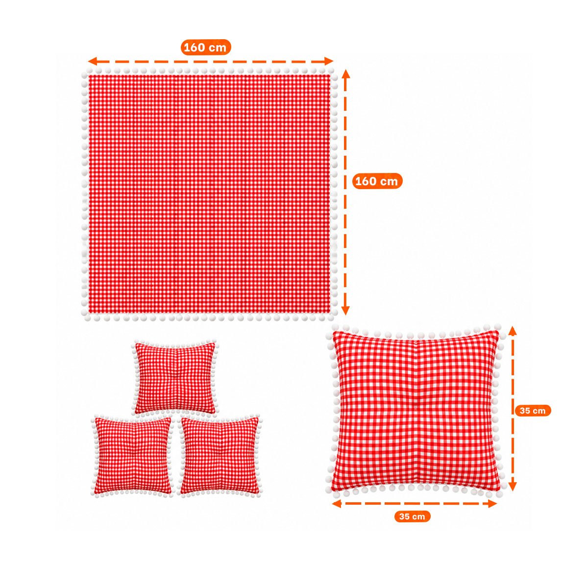 LONA PICNIC Y 4 COJINES CON BORDE DE MINI POMPONES JARDIN ROJO Y BLANCO Y PAPEL REGALO - 2