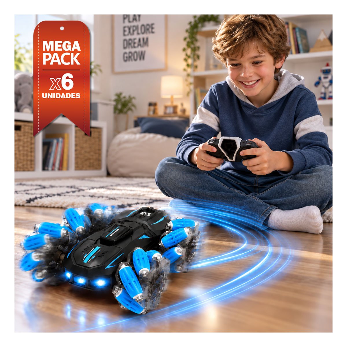 PACK6 CARRO ACROBATICO CON CONTROL REMOTO AZUL Y RELOJ CONTROL PARA NINOS DE CASA YPAPEL REGALO - 1