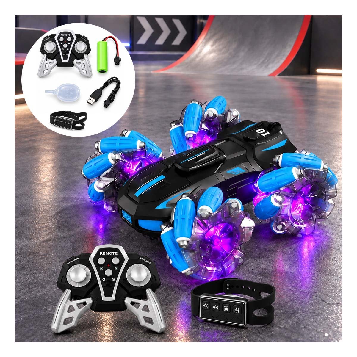 PACK6 CARRO ACROBATICO CON CONTROL REMOTO AZUL Y RELOJ CONTROL PARA NINOS DE CASA YPAPEL REGALO - 3