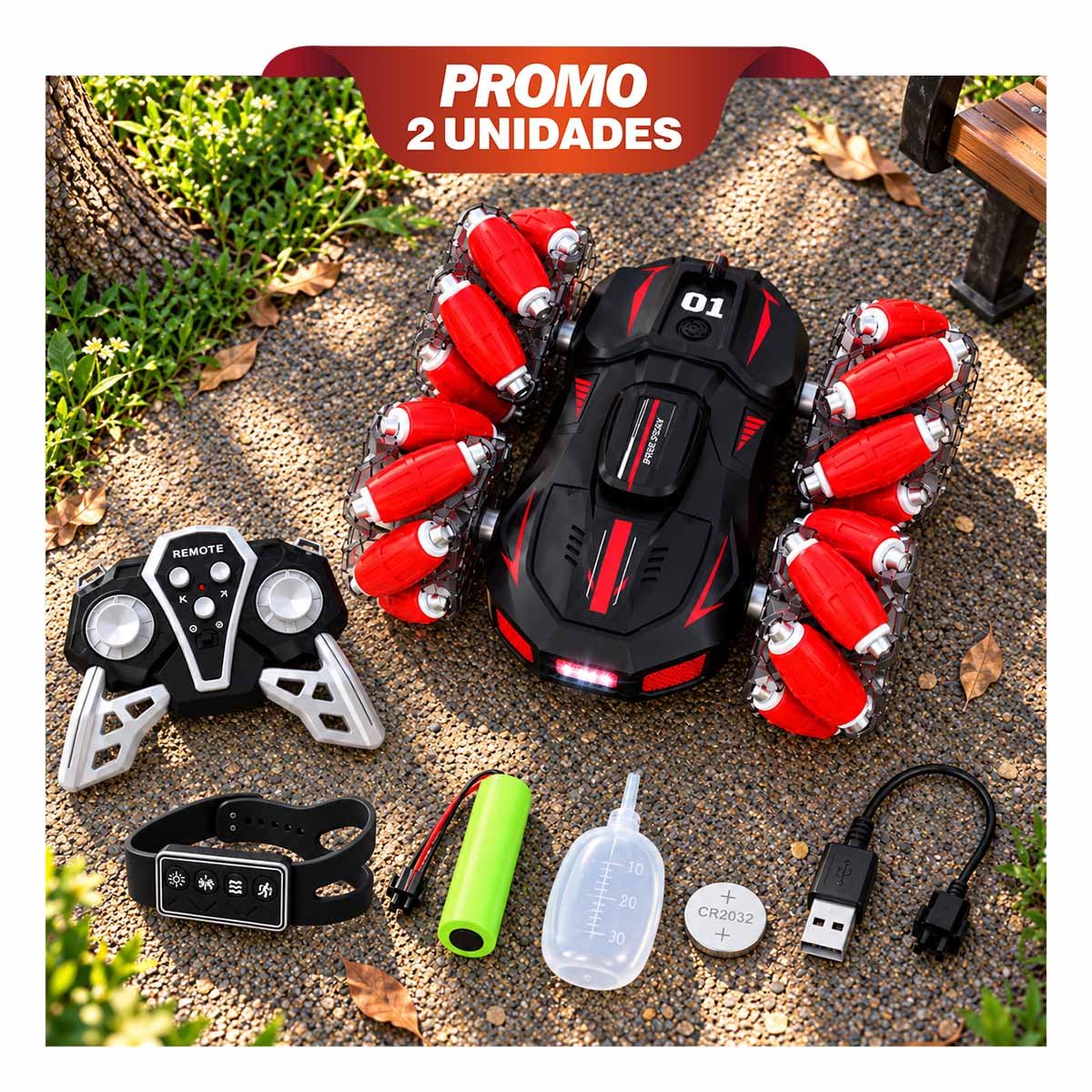 PACK2 BUGGY ACROBATICO CON CONTROL REMOTO Y RELOJ CONTROL RECARGABLE NINOS ROJO YPAPEL REGALO - 1
