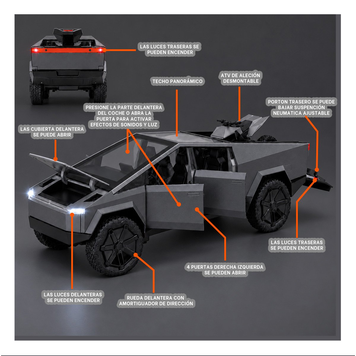 AUTO CYBERTRUCK DE JUGUETE COLECCIONABLE PARA NINOS EN PLOMO OSCURO - 4