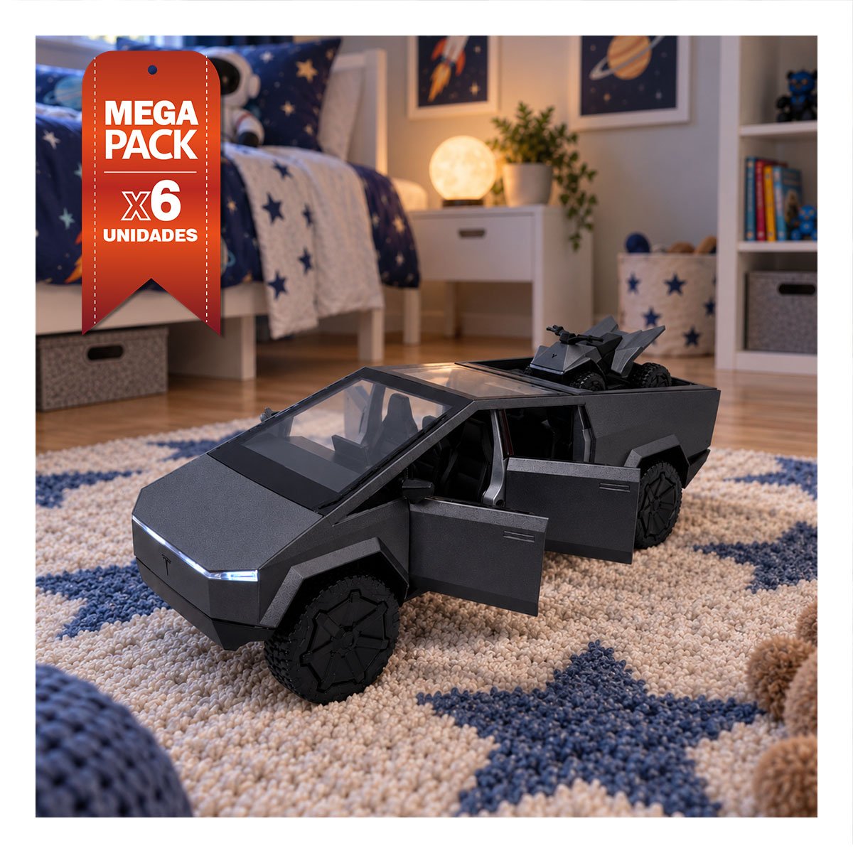 PACK6 BOLIDO DE JUGUETE CYBERTRUCK A CONTROL REMOTO Y BATERIA INTEGRADA PLOMO YPAPEL REGALO - 1