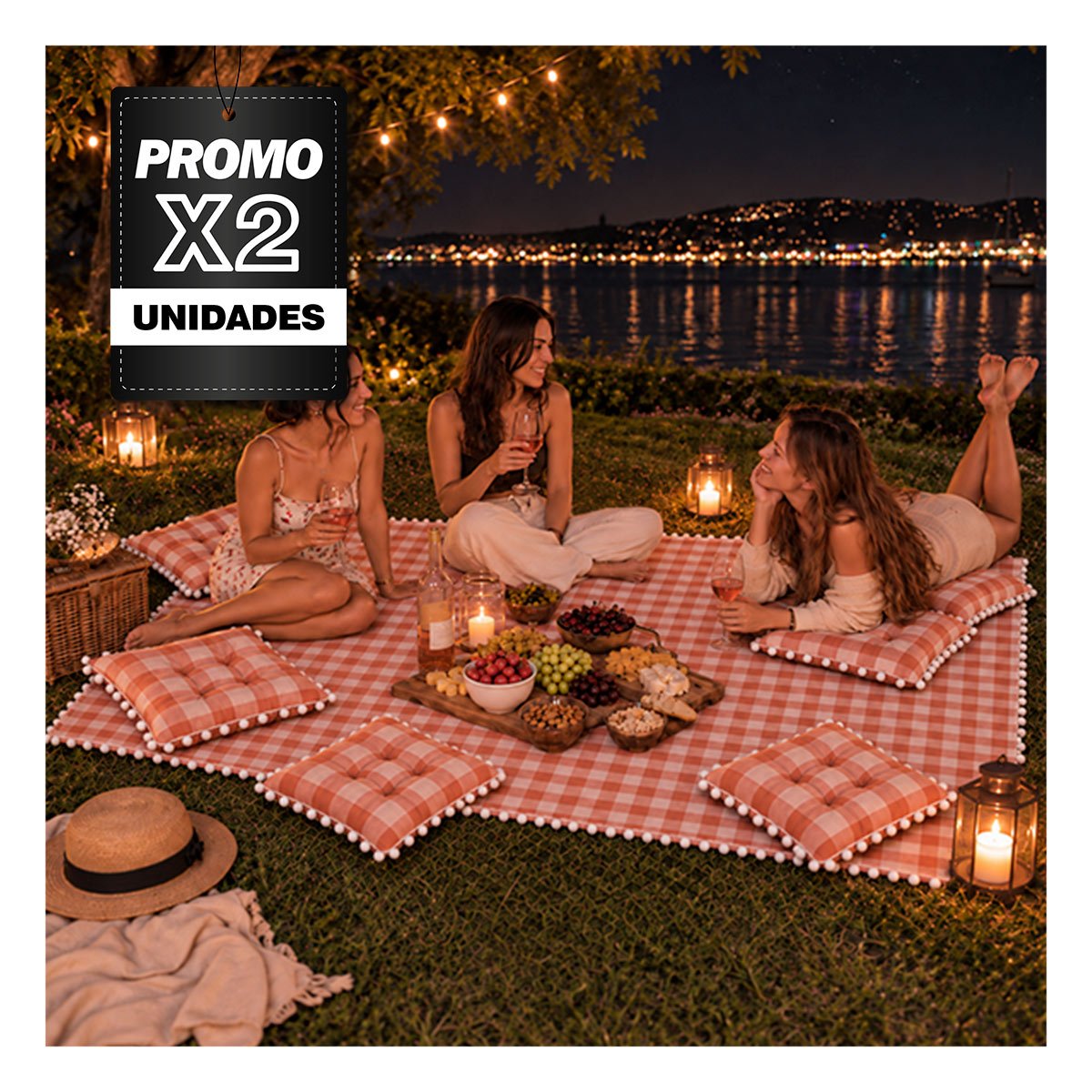 PACK2 SET PICNIC Y 4 COJINES CON POMPONES PARA JUGAR EN LOS HOGARES DE FAMILIA - 1