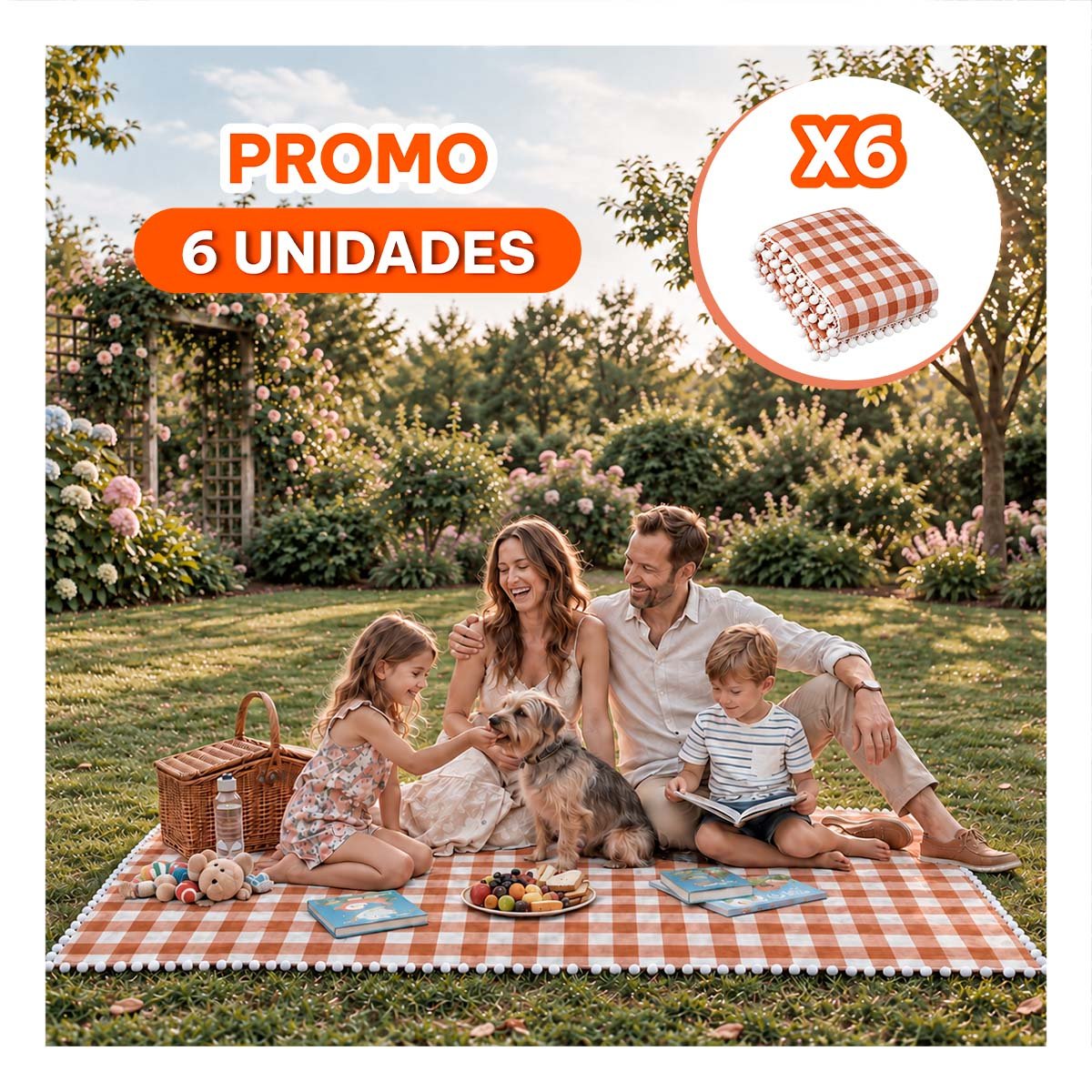PACK6 LONA PICNIC CON BORDE DE MINI POMPONES PARA UN LINDO PASEO BEIGE Y BLANCO YREGALO STICKER - 1