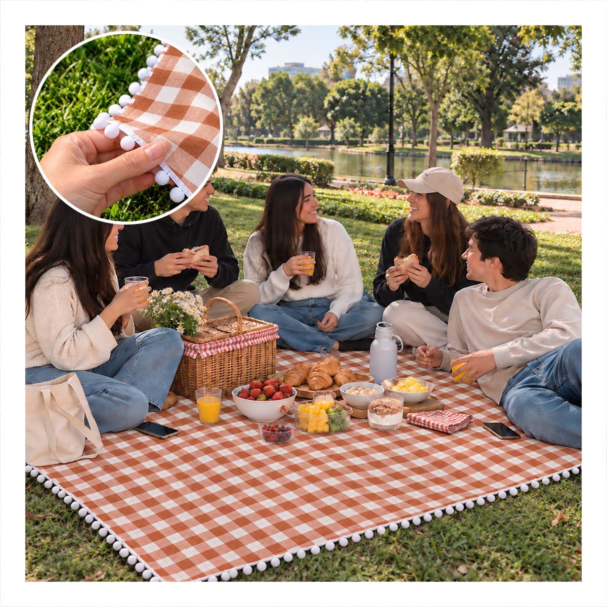 COBIJA PICNIC CON BORDE DE MINI POMPONES PARA EL RATO LIBRE BEIGE Y BLANCO Y PAPEL REGALO - 1